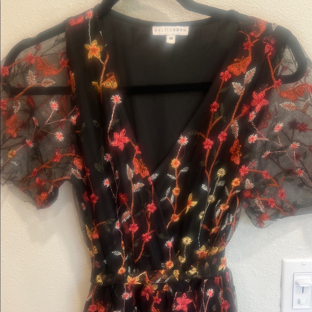 Baltic Born Black Maxi Dress with Red, Orange & Yellow Floral Embroidery
